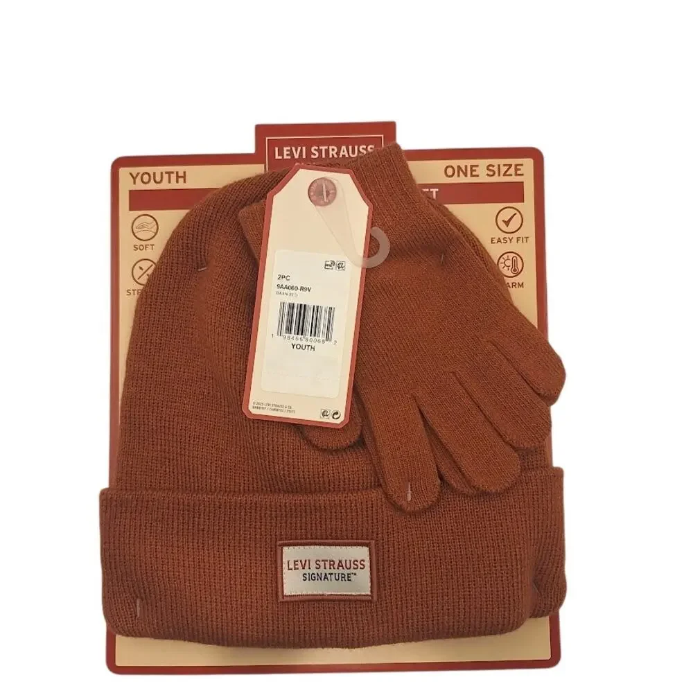 Levi Strauss Kids Beanie & Gloves Set Barn Red One Size Warm NEW